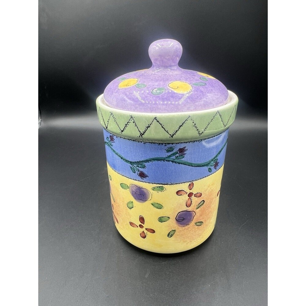Sango Sweet Shoppe Sue Zipkin Coffee Canister Cookie Jar Purple Yellow Floral